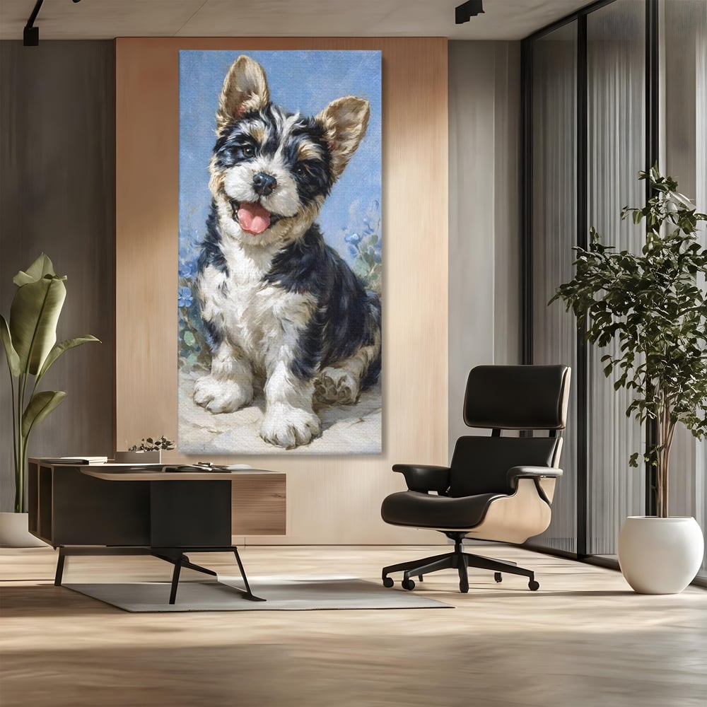 Tablou canvas cu tablou canvas cu catelus pufos, fara rama, pe sasiu de lemn, pe perete intr-un birou